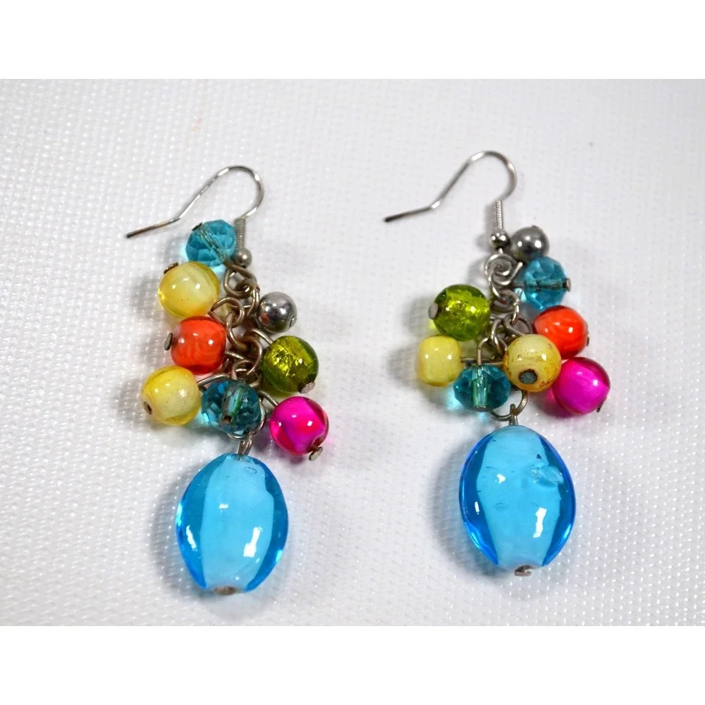 Silver Tone Hook Pierced Earrings Multi Color Glass & Plastic‎ Beads 2.5